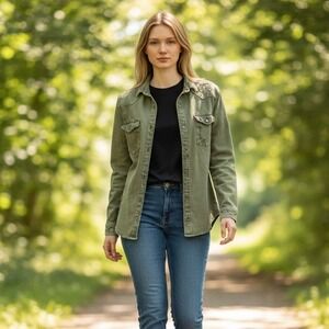 ZARA Oversized Shirt‎ Jacket Shacket Size Medium Olive Green Ripped Denim Casual